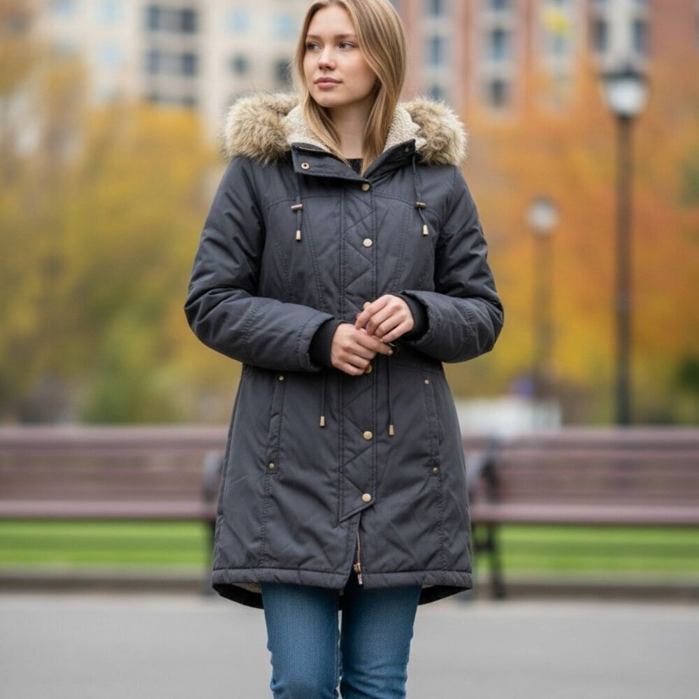 A.N.A. Womens Parka Coat Black Fur Trim Hood Sz‎ S